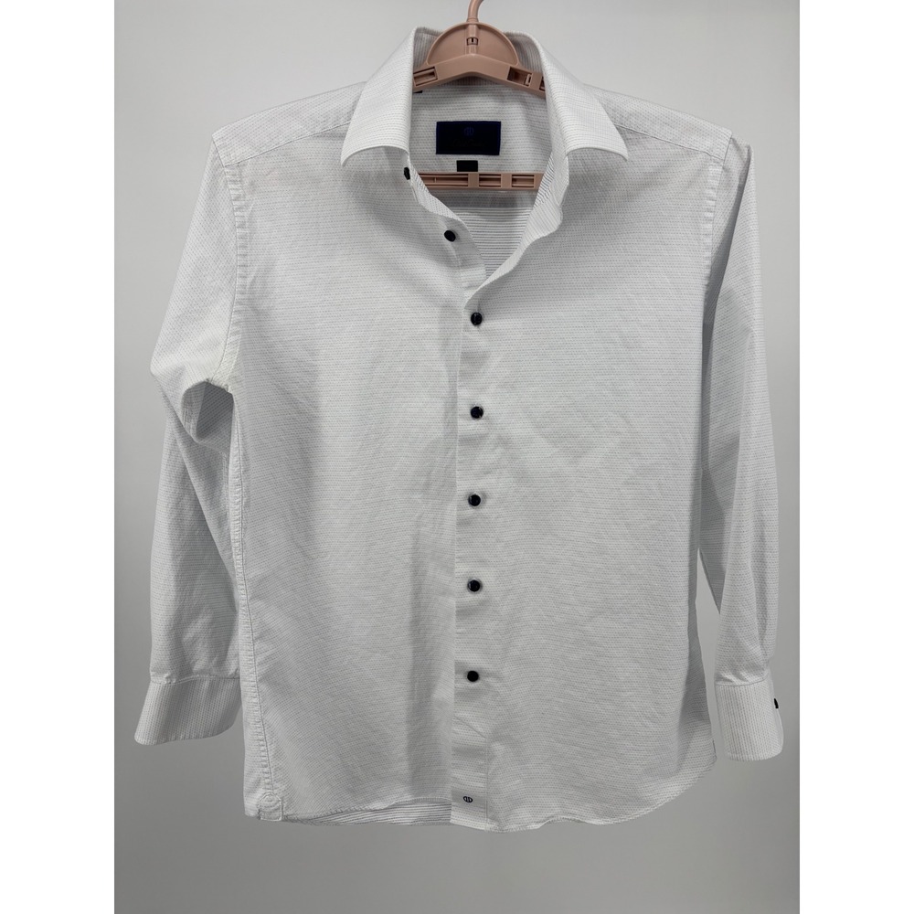 David Donahue Mens Trim Fit Dress Shirt White Blue Micro Dot Cotton 16 32/33